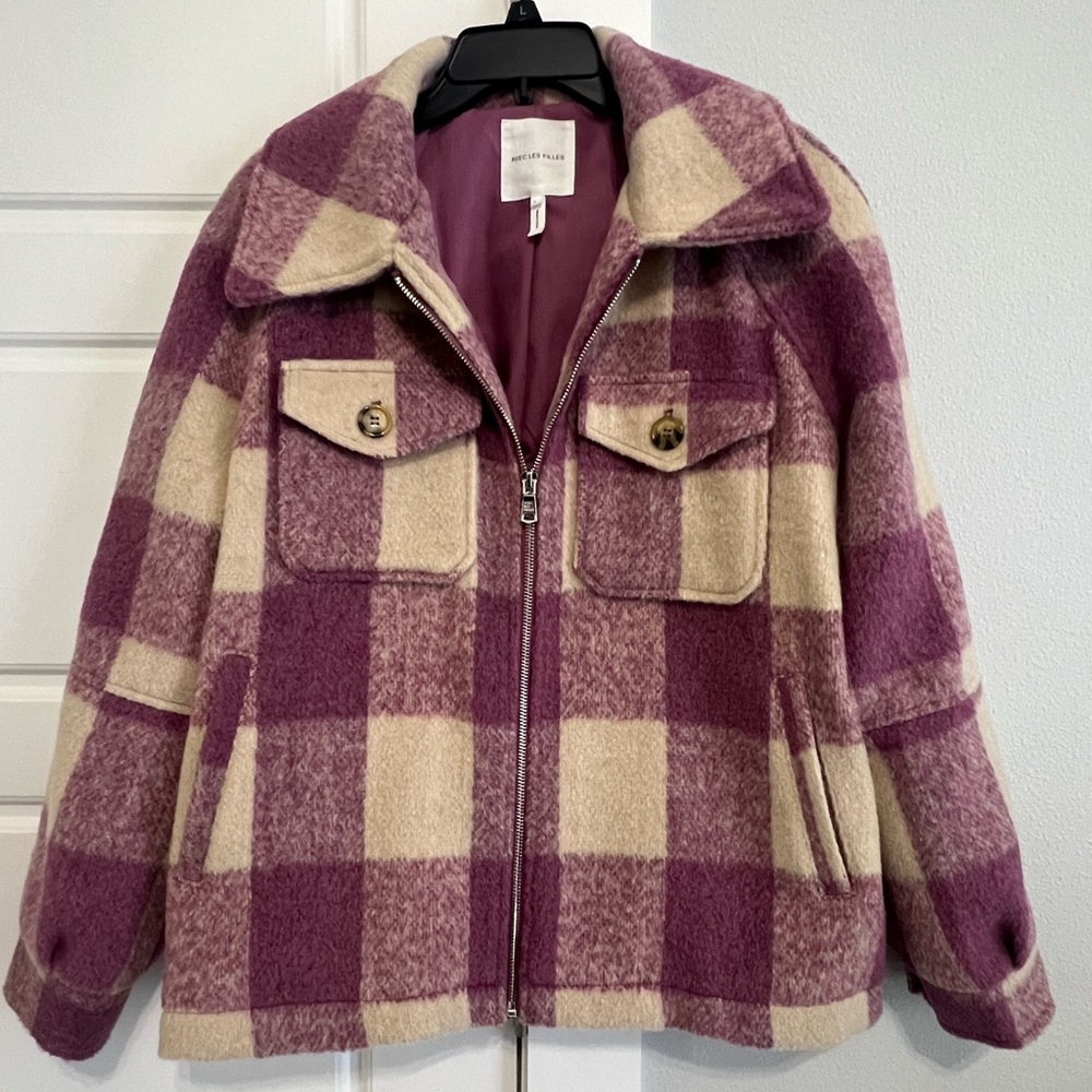 Avec Les Filles Plum and Cream Plaid Zip-Up Jacket